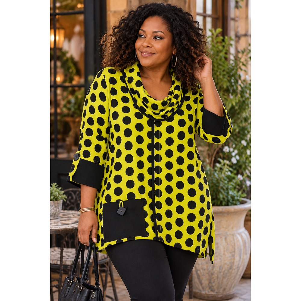 Ali Miles Art to Wear Polka Dot Cowl Neck Tunic Top 3/4 Sleeve Yellow Blk Large